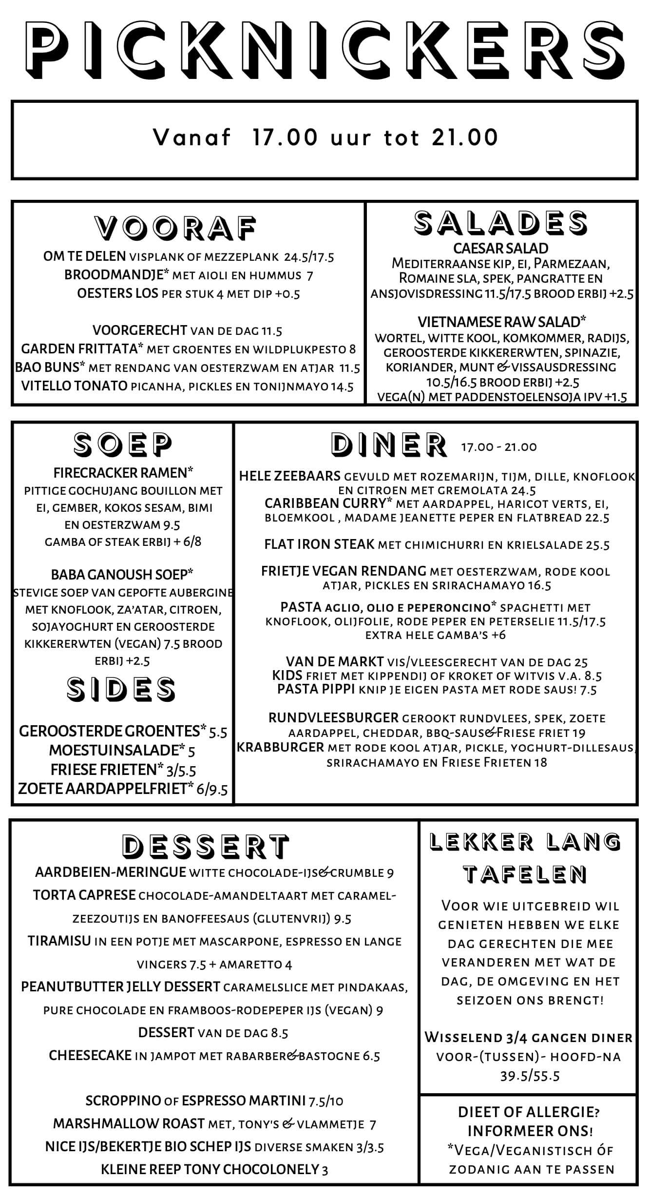 Restaurant Picknickers Terherne menukaart diner 2024